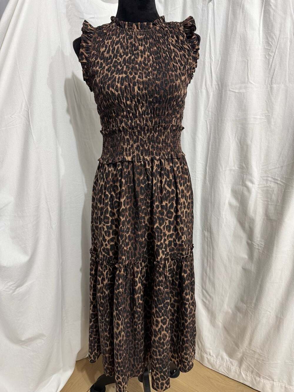 Rails Vivier Sleeveless Smocked Midi Dress in Brown Nala Leopard Print